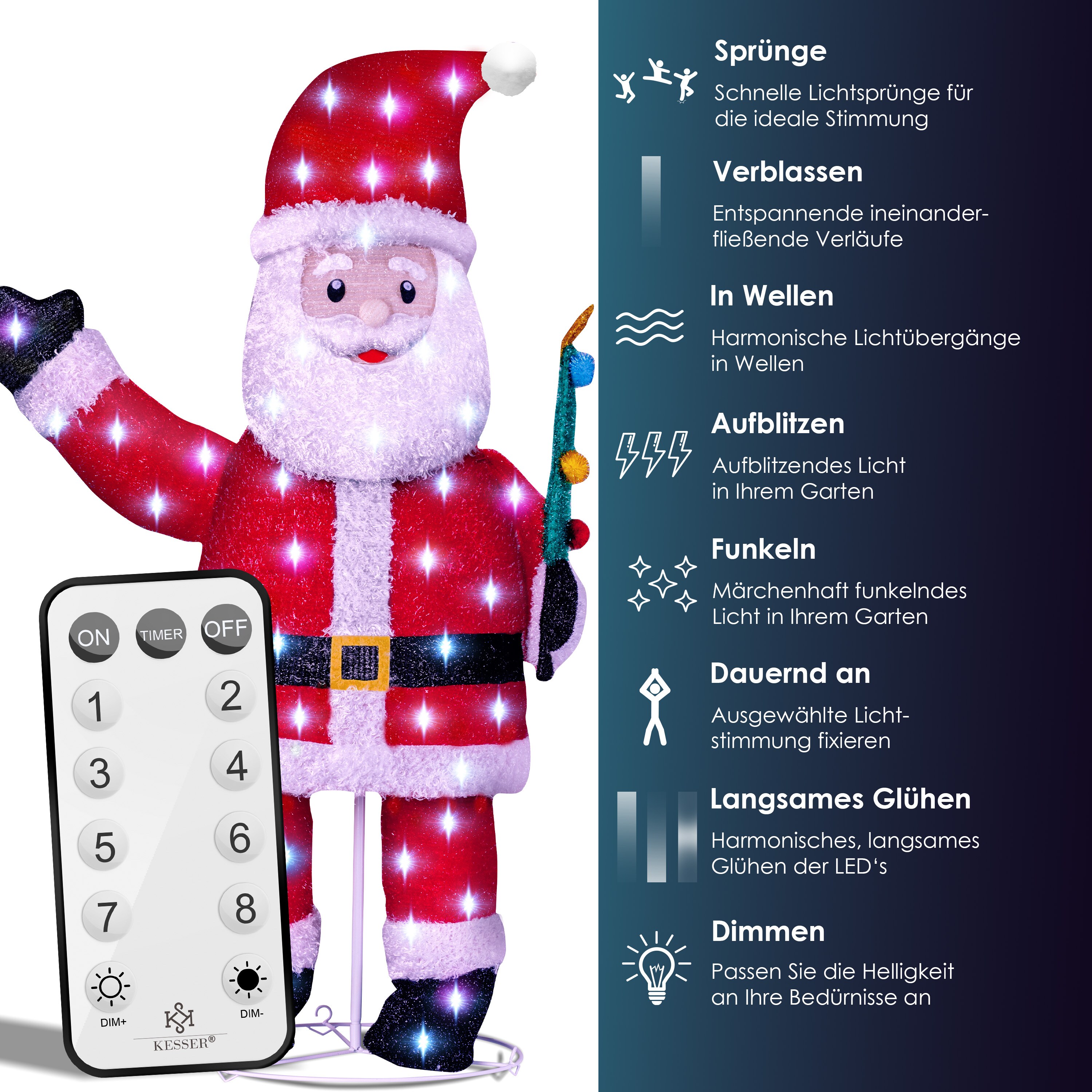KESSER® LED Weihnachtsmann Santa mit Fernbedienung - Mit 8 Modi Bunter Farbspiel- Timer 24H Weihnachtsfigur Beleuchtet Weihnachtsdekoration für Indoor & Outdoor IP44 Weihnachtsbeleuchtung