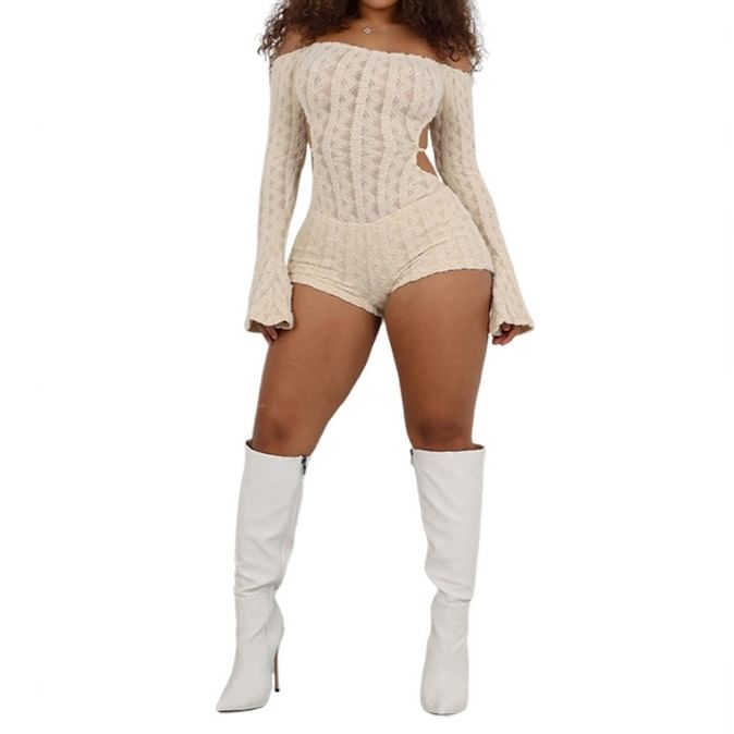 Oonnukal - Off-Shoulder Romper met Lange Mouwen en Patroon en Uitsnijdingen