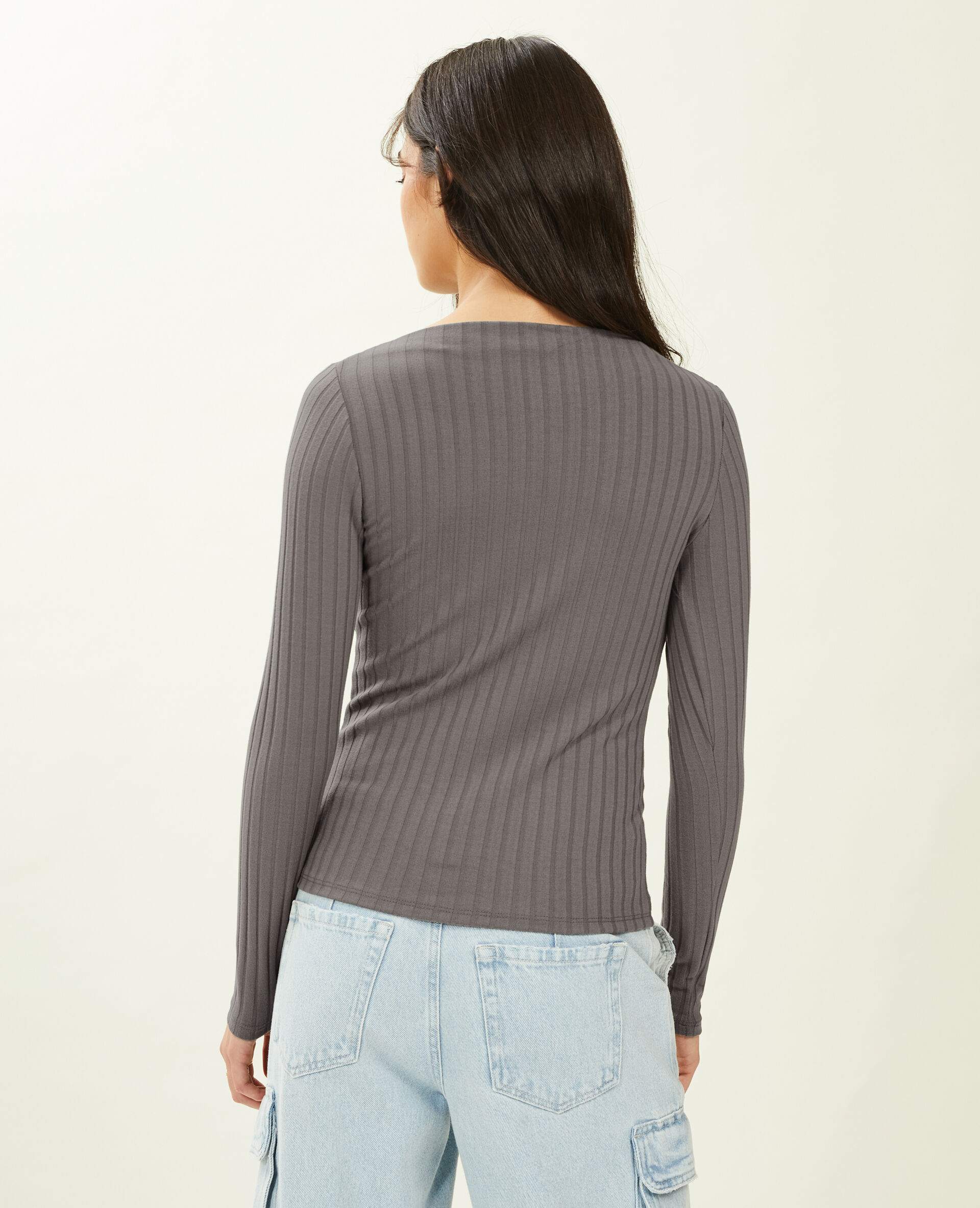 Top encolure bateau en maille côtelée - Gris foncé