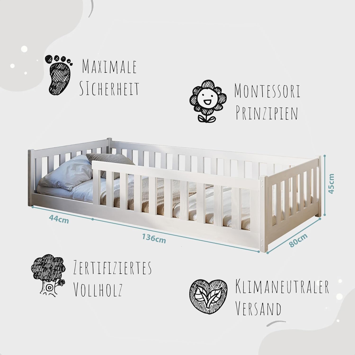 Kids Collective Kinderbett Bodenbett 80x180 cm mit Rausfallschutz & Lattenrost Montessori Bett Bed Gitterbett Kinder Jugendbett Einzelbett | weiß | von 3. bis 12. Lebensjahr