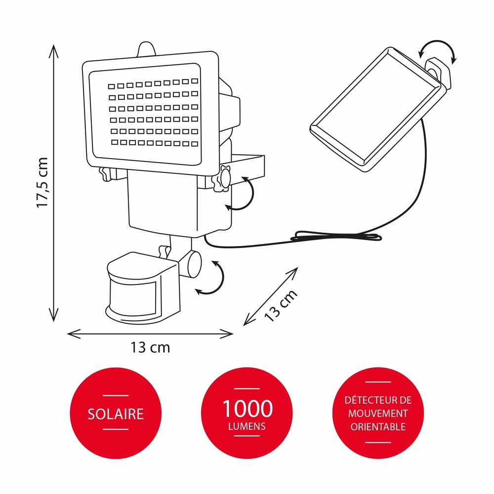 Projecteur solaire blanc à détection de mouvements - 1000 lumens - chromex
