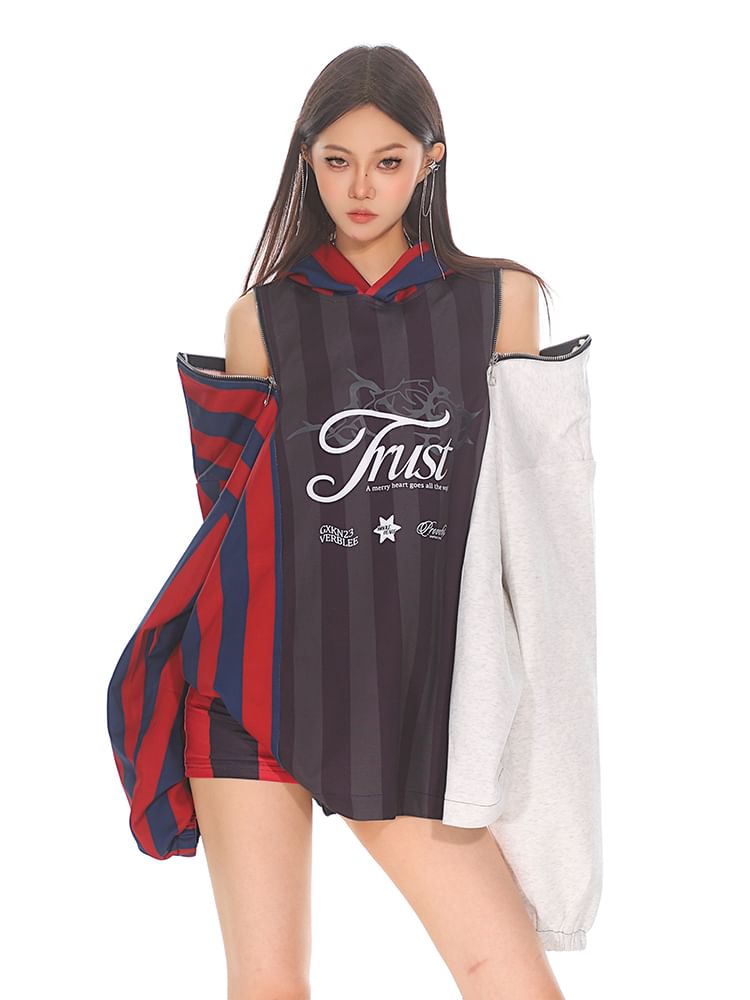 SPUCIKLEI - Cold Shoulder Lettering Print Gestreepte Hoodie met Rits