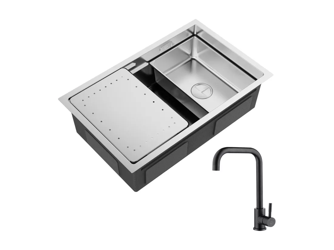 Évier Cuisine 1 Bac 70×44×21CM Évier Inox Brossé avec Egouttoir et Vasque + Mitigeur de Cuisine en Inox Noir étoilé avec Bec Haut et Incurvé
