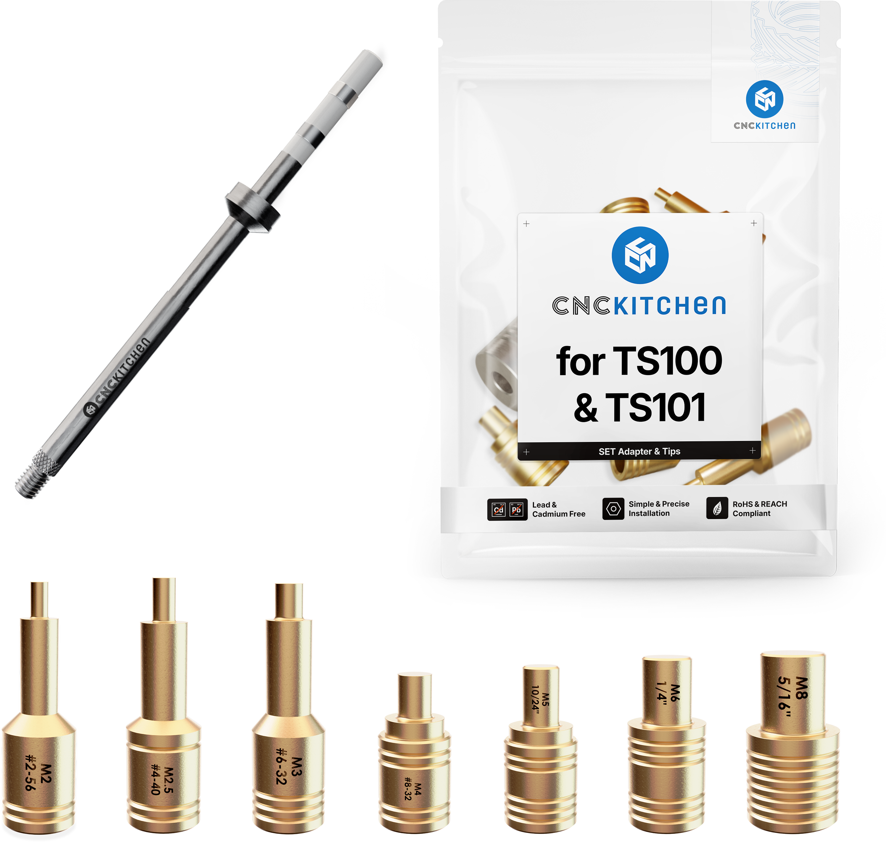 CNC Kitchen  Einschmelzhilfen + TS100 Adapter    Hochwertige Lötspitzen mit Kupfergewinde inkl. Adapter