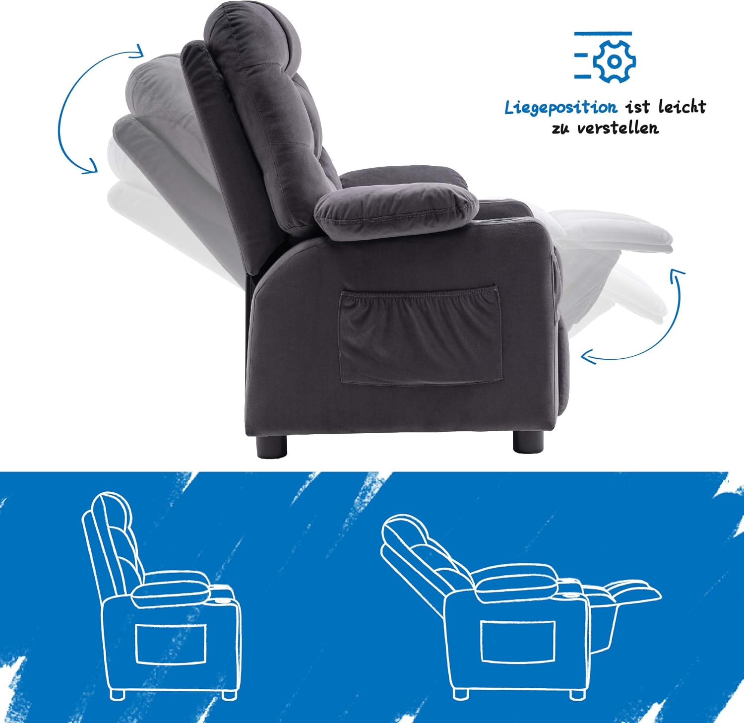 MCombo Kids Sessel Jugend- und Kindersofa Kindersessel mit Liegefunktion 7355 (Dunkelgrau)