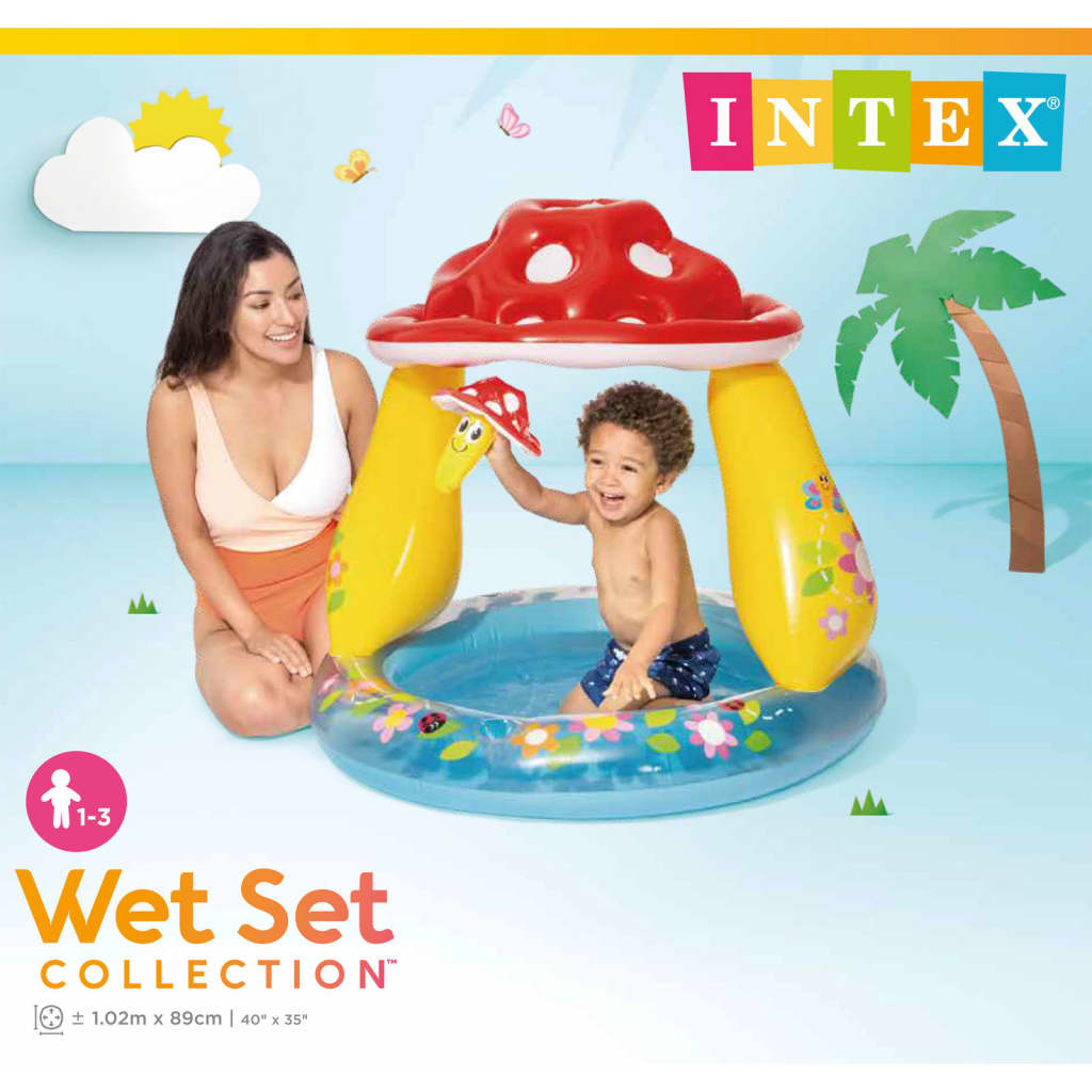 Piscina inflável infantil Intex com guarda-sol em formato de cogumelo.
