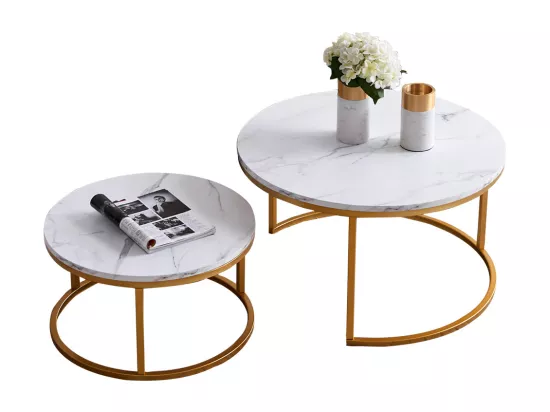 Lot de 2 Tables Basses gigognes - Marbre Blanc avec Structure en métal Dore - Table d'appoint Ronde - Table de salon Moderne, Tables de salon pour salon, Chambre à Coucher, Balcon