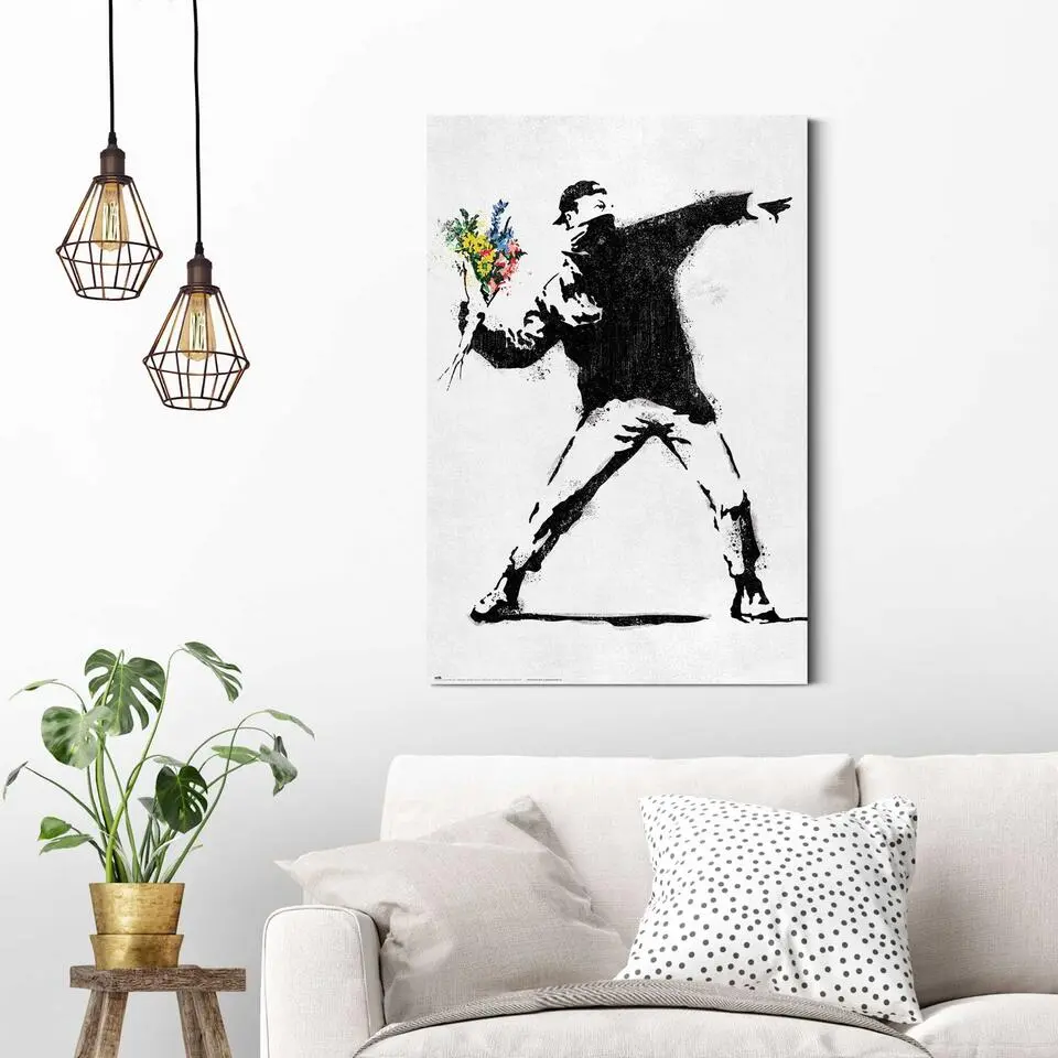 Schilderij Banksy - flower bomber - 90x60cm - Zwart-Wit