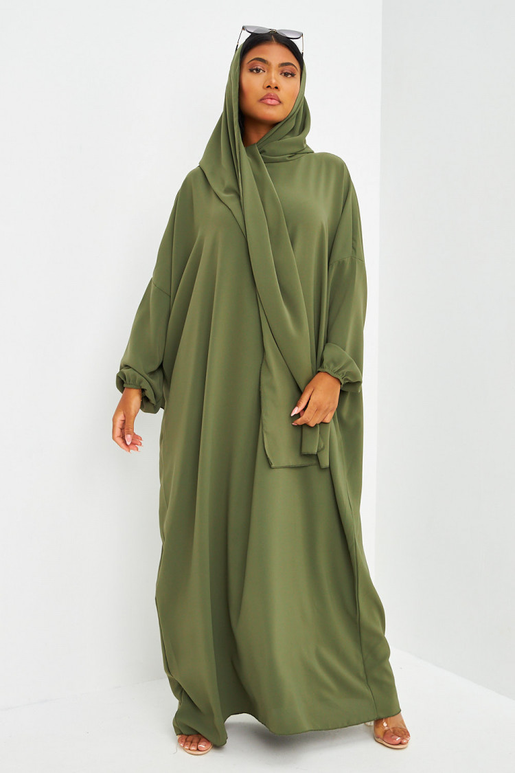 Abaya kaki ample avec voile intégré