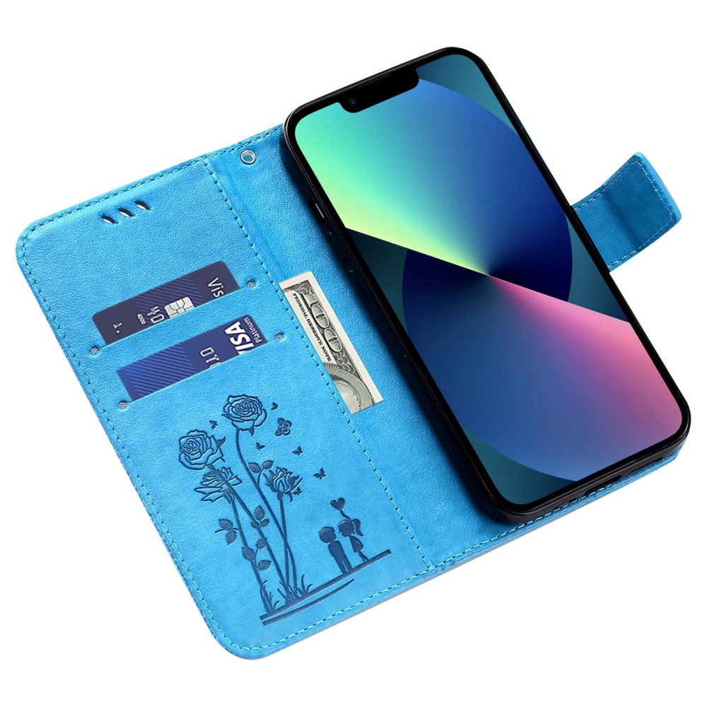 iPhone 13 Pro Leder Tasche mit Kartenfach Love Roses - Blau