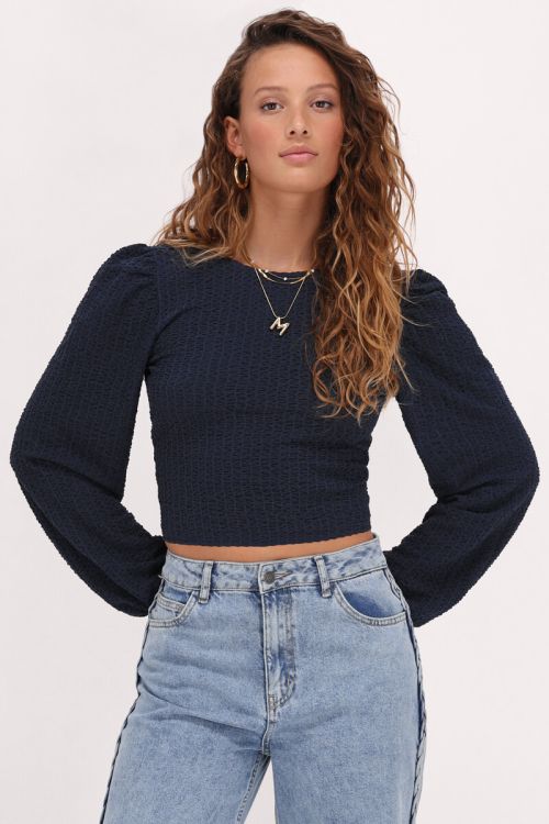 Donkerblauwe top met structuur & strik