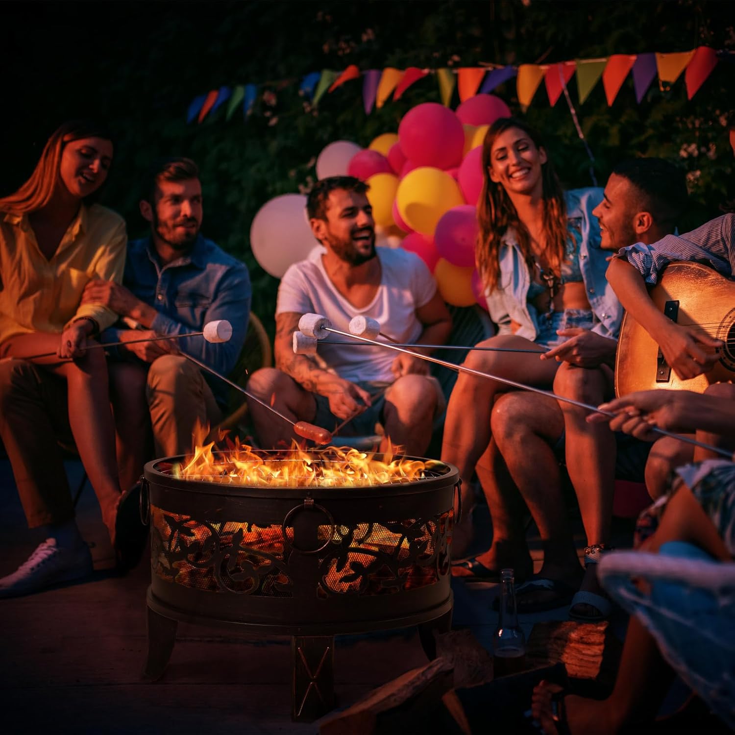 GARDEBRUK® Feuerschale mit Funkenschutz Rund Ø66cm Schürhaken Abdeckung Schwarz Modern Terrasse Garten Feuerstelle Feuerkorb Kamin Ofen Holz Grill