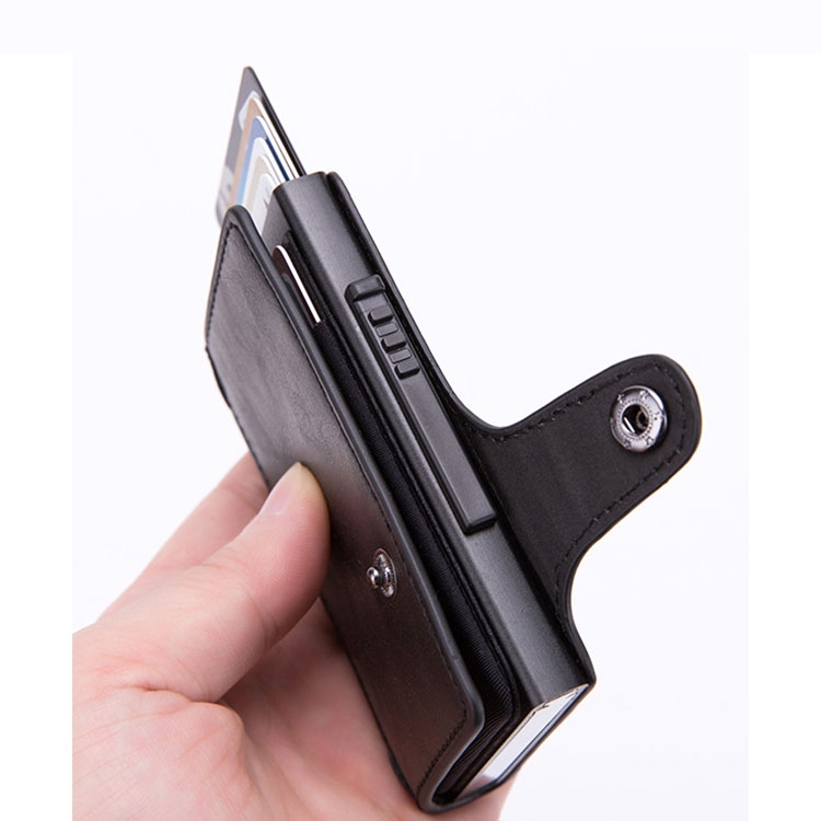Mini Kreditkarten Leder Etui Geldbörse mit Kartenauswurf-Mechanismus für 8 Karten (RFID Schutz) - Dunkelblau