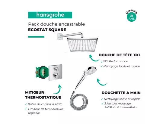 Pack de douche encastré thermostatique HANSGROHE Ecostat Square chromé + nettoyant Briochin