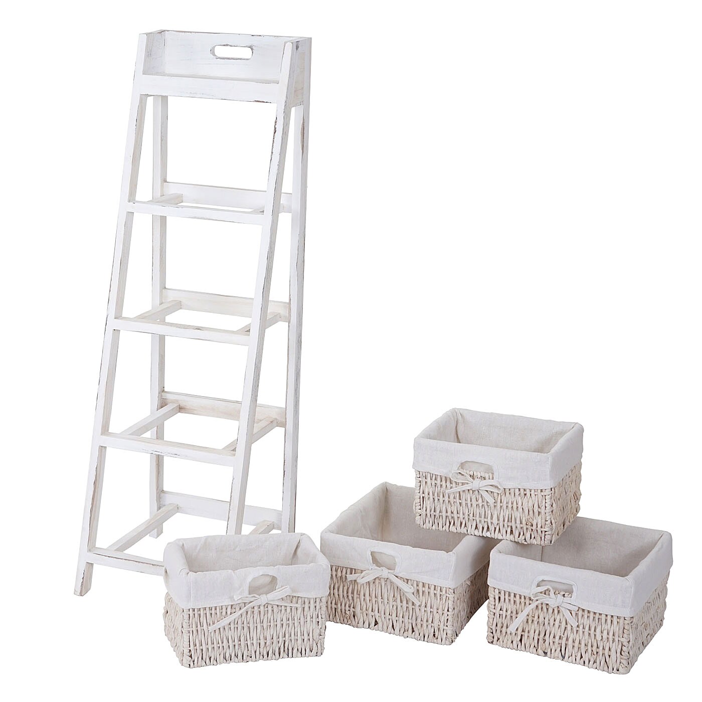 Leiterregal Franca, Regal Standregal mit 4 Korbschubladen 101x30cm, Shabby-Look, Vintage, weiß