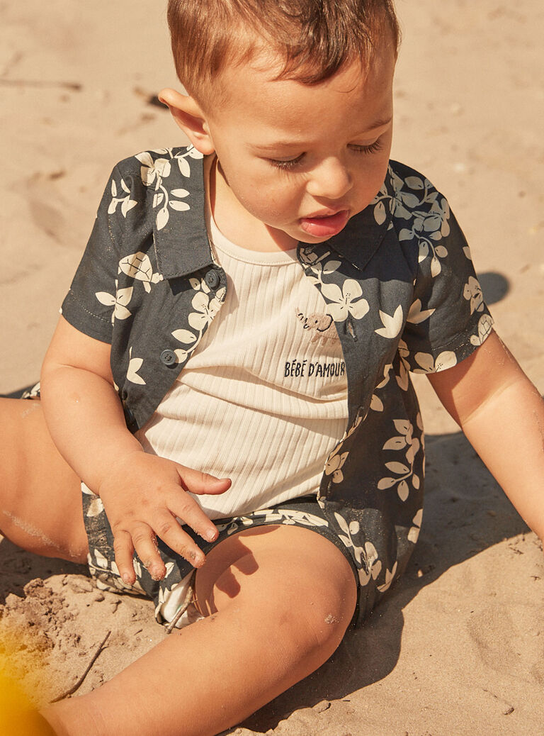Chemise noir ardoise à imprimé feuilles et tortues
