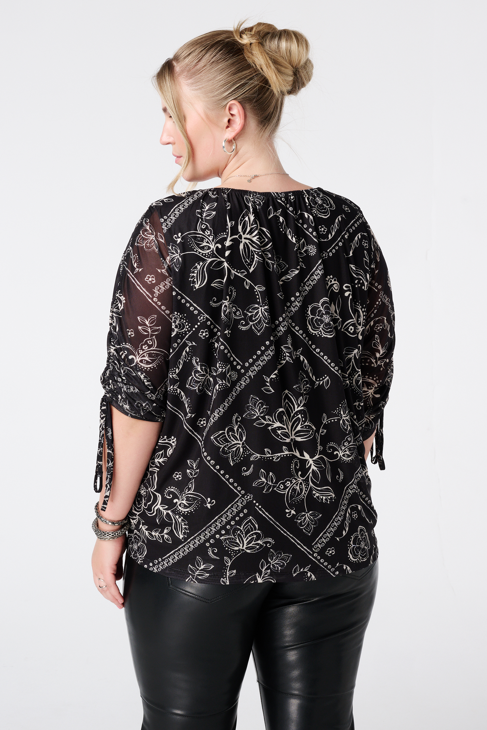 Blouse met print en drawstring mouwen Multi zwart-wit