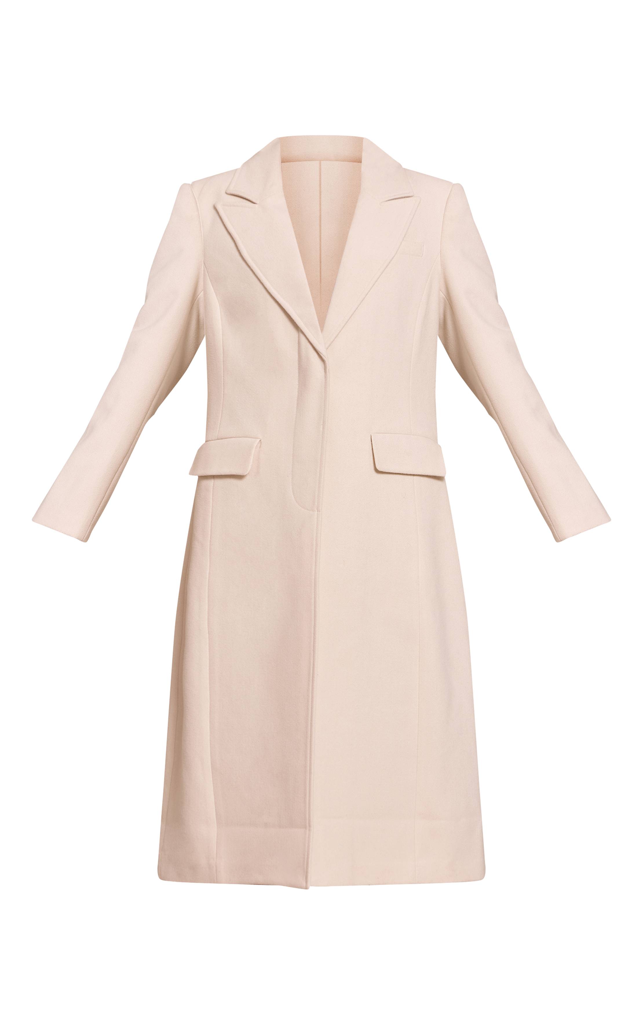 Crème Manteau Long À Carreaux Aspect Laine Avec Détails De Coutures Et Boutonnage Simple