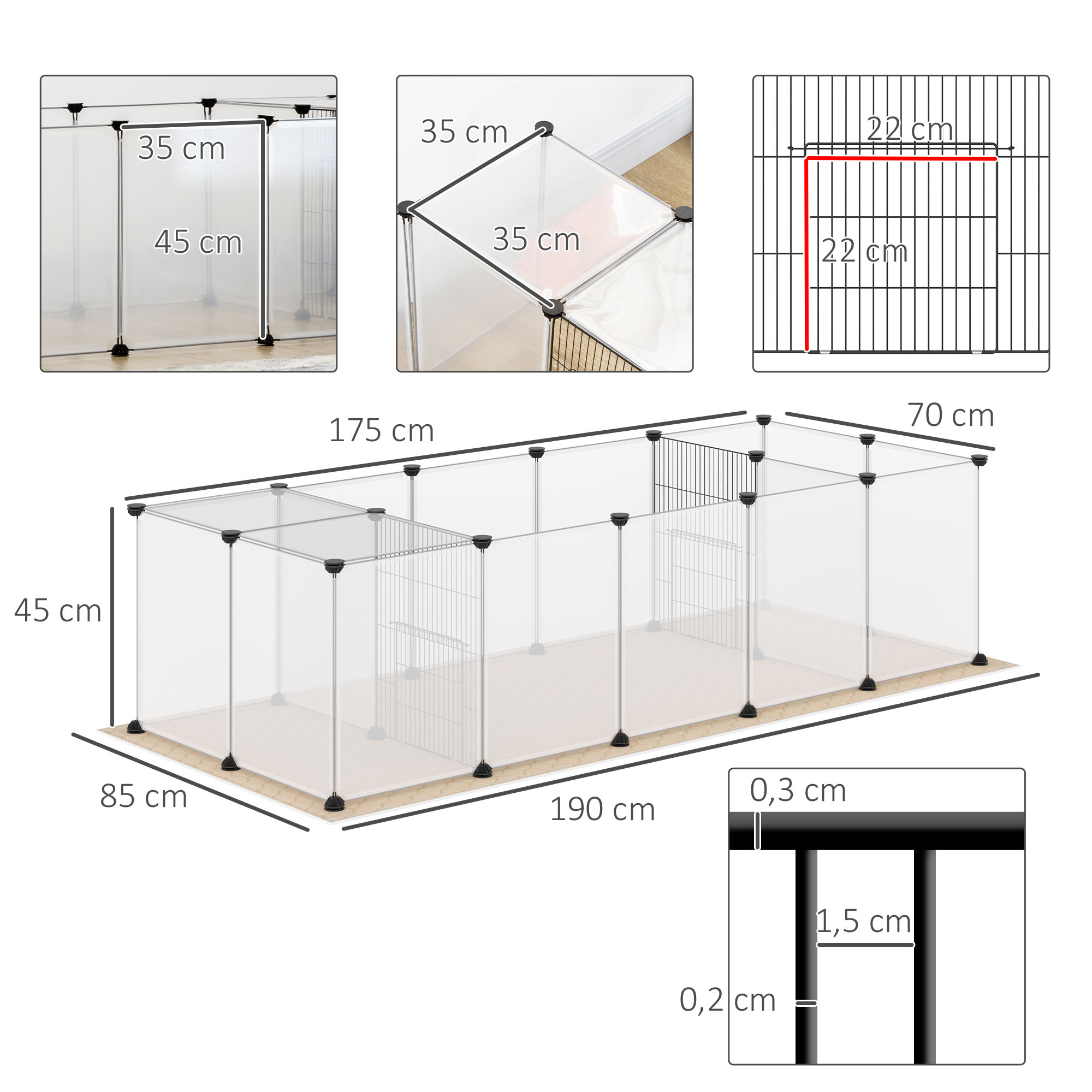 Parque infantil modular Pawhut DIY com tapete, para pequenos animais, com 20 painéis de resina, ideal para porquinhos-da-índia, coelhos e chinchilas, 175 x 70 x 45 cm, branco.