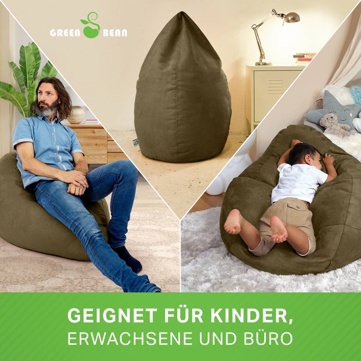 Green Bean Zitzak met rugleuning 60x60x90cm - Binnenzitkussen 220L vulling, comfortabel, wasbaar - Zitzak vloerkussen, loungestoel, voetenbank - Olijfgroen