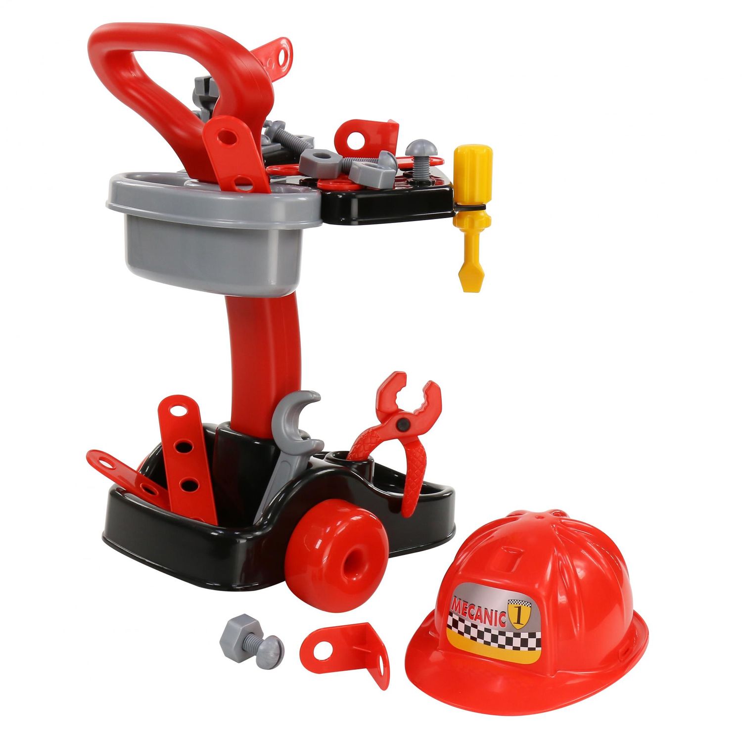 Polesie Kinder Mechaniker-Set 36612 Werkzeugwagen Zange Schraubenzieher Helm rot