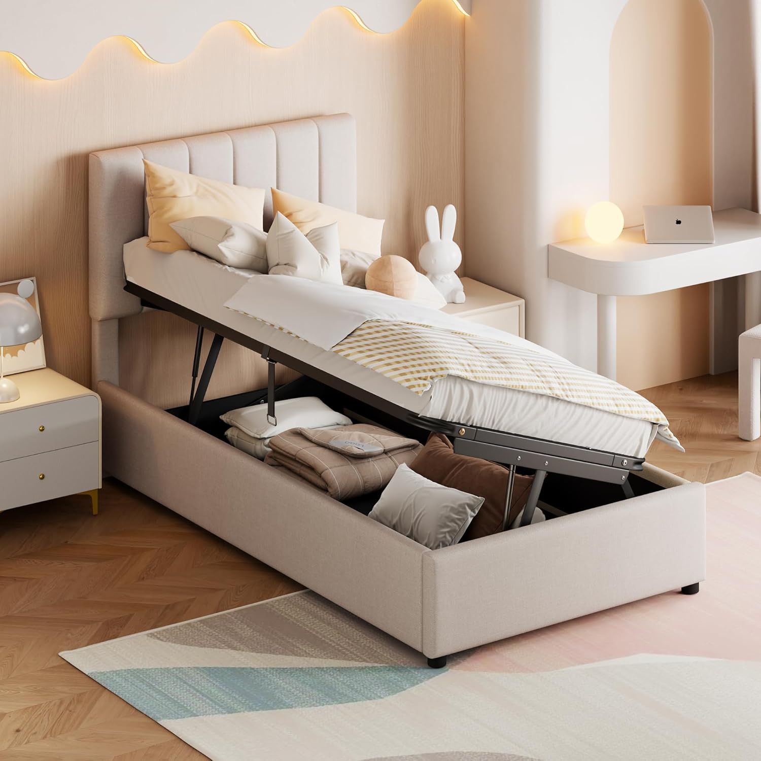 Boxspringbett 90x200 mit Bettkasten, Einzelbett Polsterbett mit Lattenrost, Bett, Bettgestell mit Stauraum, Schlafzimmer Komplett, Stauraumbett, Ohne Matratze VT8873032