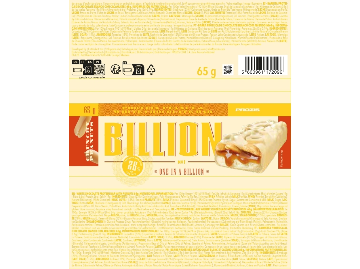 BARRA PROTEICA BILLION PROZIS AMENDOIM E CHOC. BRANCO 65G
