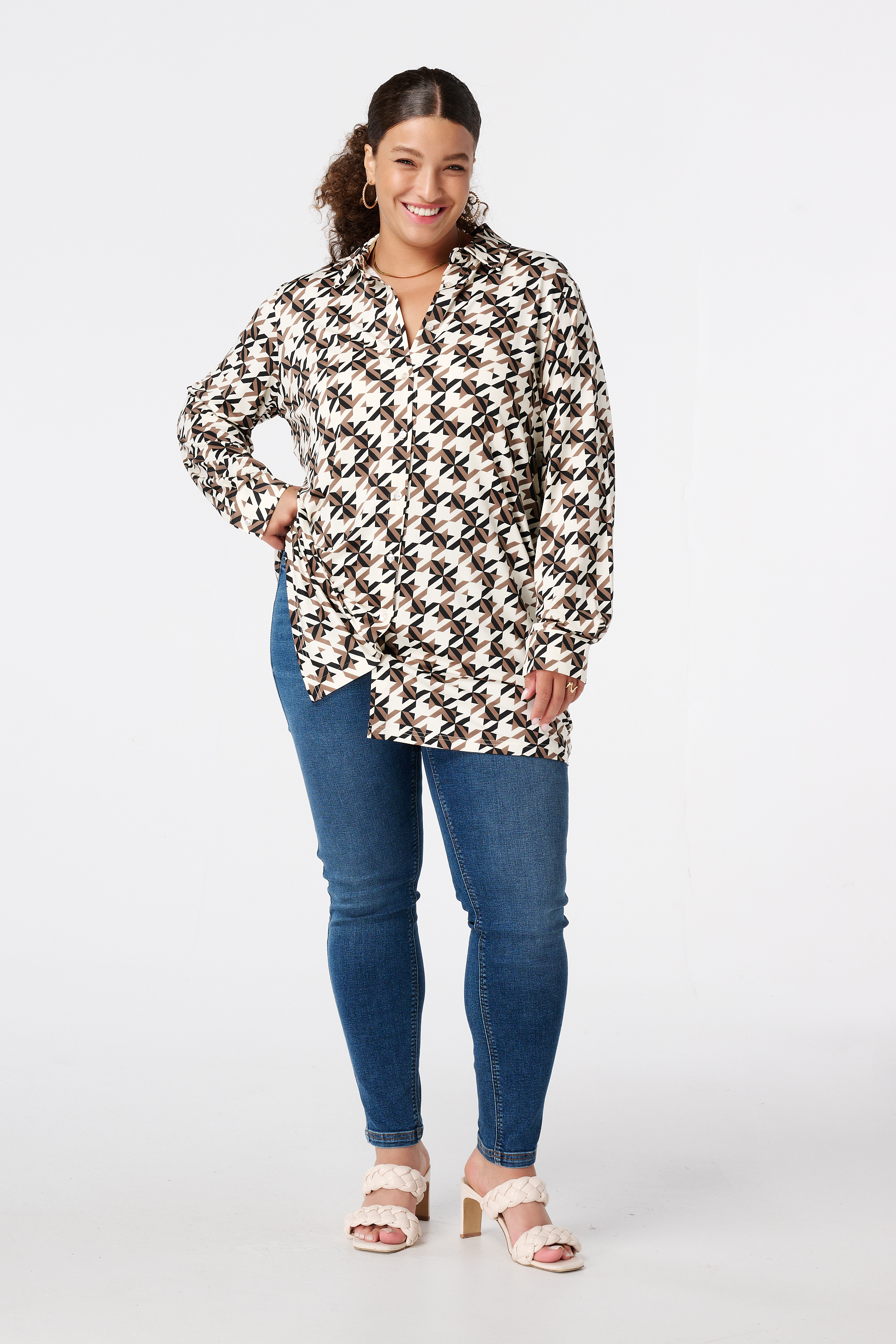 Lange blouse met print Multi Zand