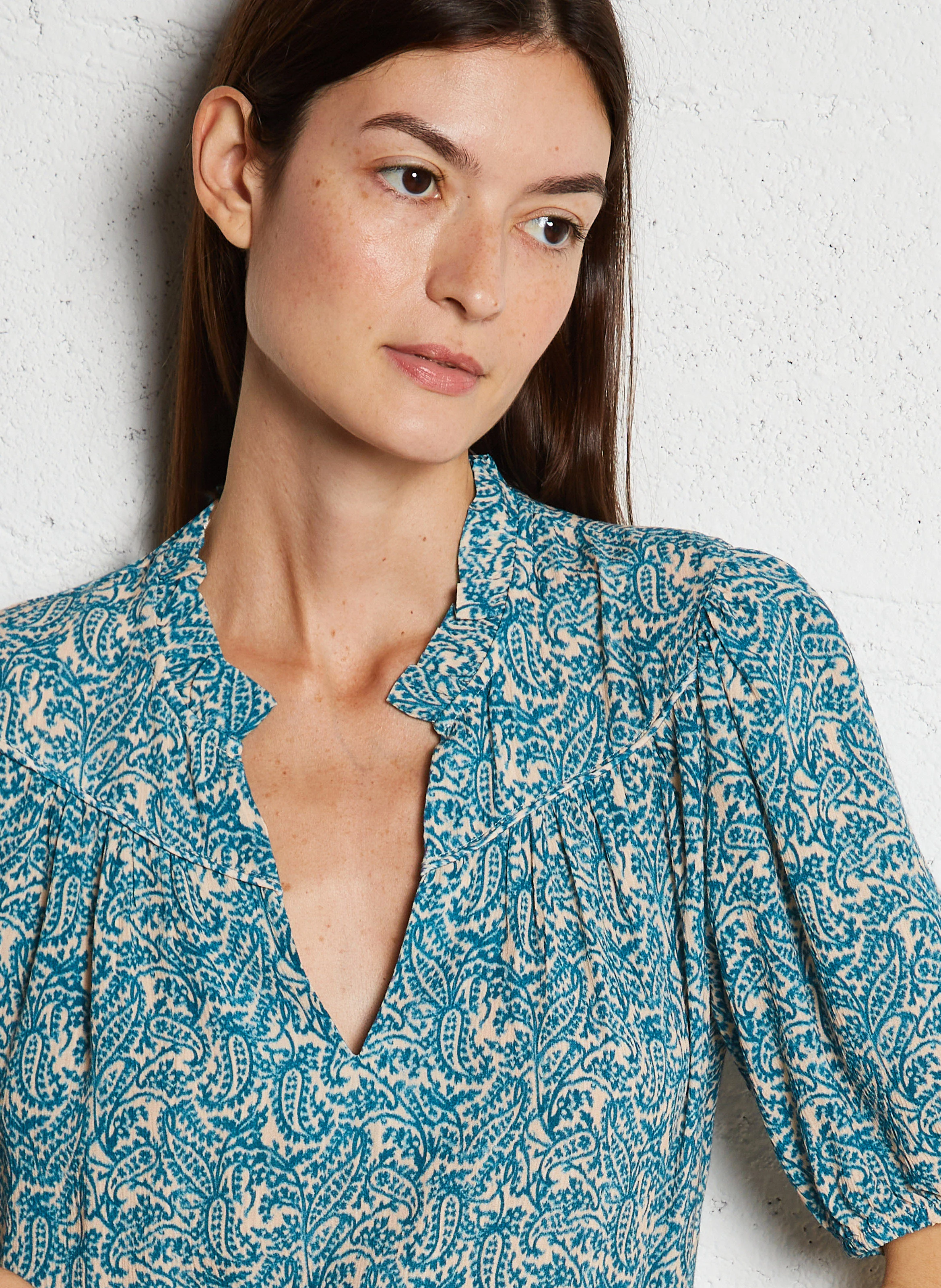 BLUE - Blouse col tunisien droite imprimé | Bleu