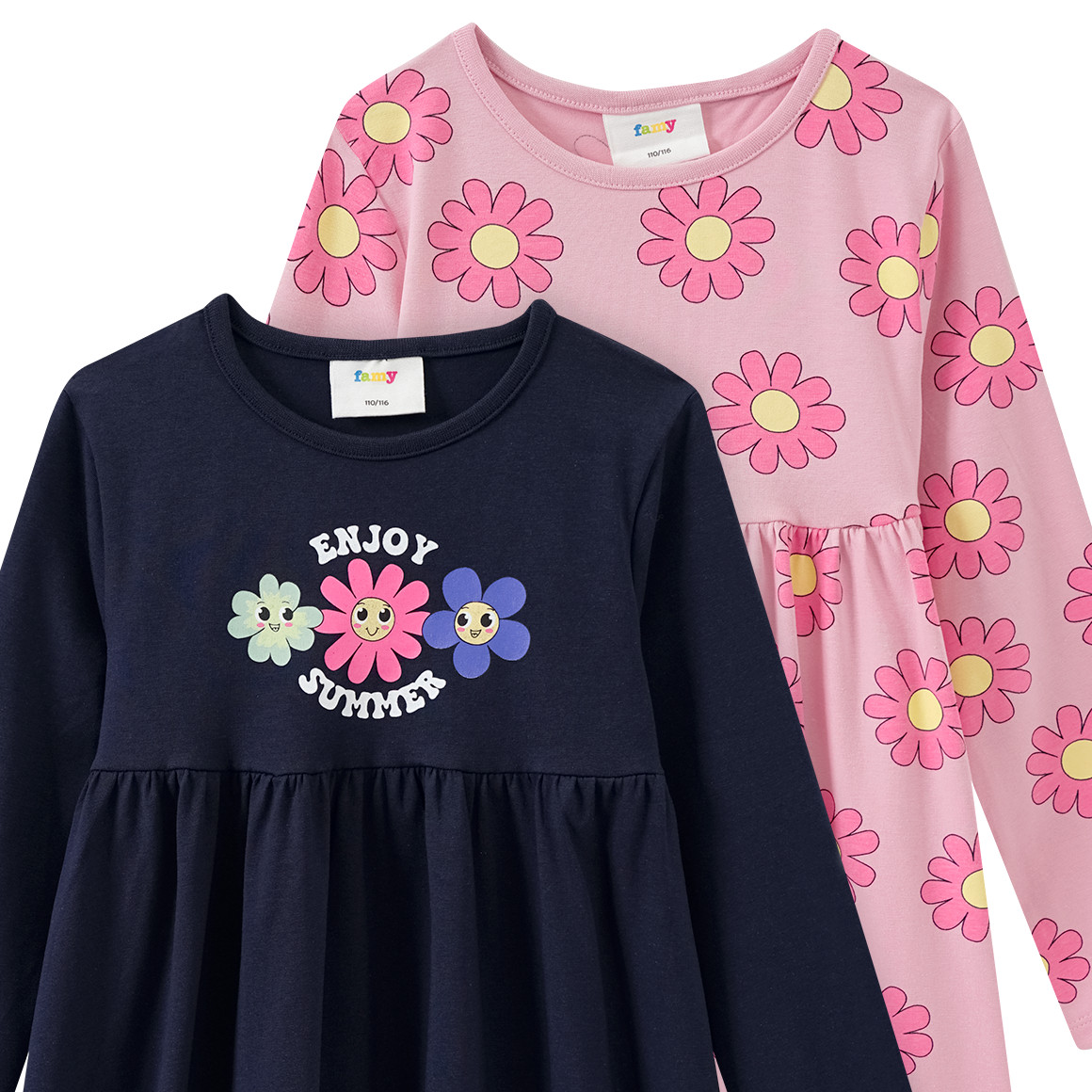 Famy 2 Mädchen Kleider mit Blumen-Prints dunkelblau / rosa