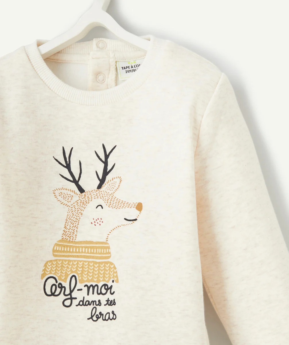 SWEAT BÉBÉ GARÇON EN FIBRES RECYCLÉES ÉCRU CHINÉ MOTIF CERF