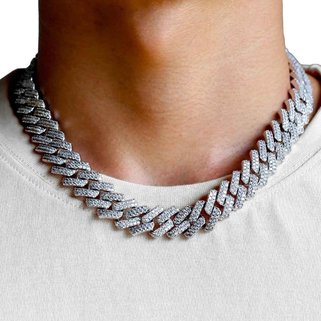 15mm Prong Cuban Link Panzerkette Weiss vergoldet mit Zirkonia