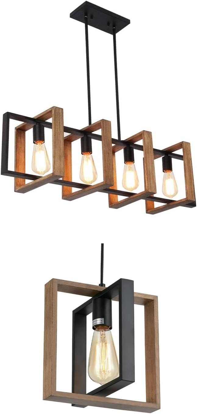 Kitchen Island Lighting,Hängeleuchte Esstisch 4-Flammige,Industrial Pendelleuchte Für Kücheninseln,Moderne Esstisch Pendelleuchte,Holz Und Matt Schwarzes Metall Lampe Esstisch E27 (4 Köpfe, Holz)