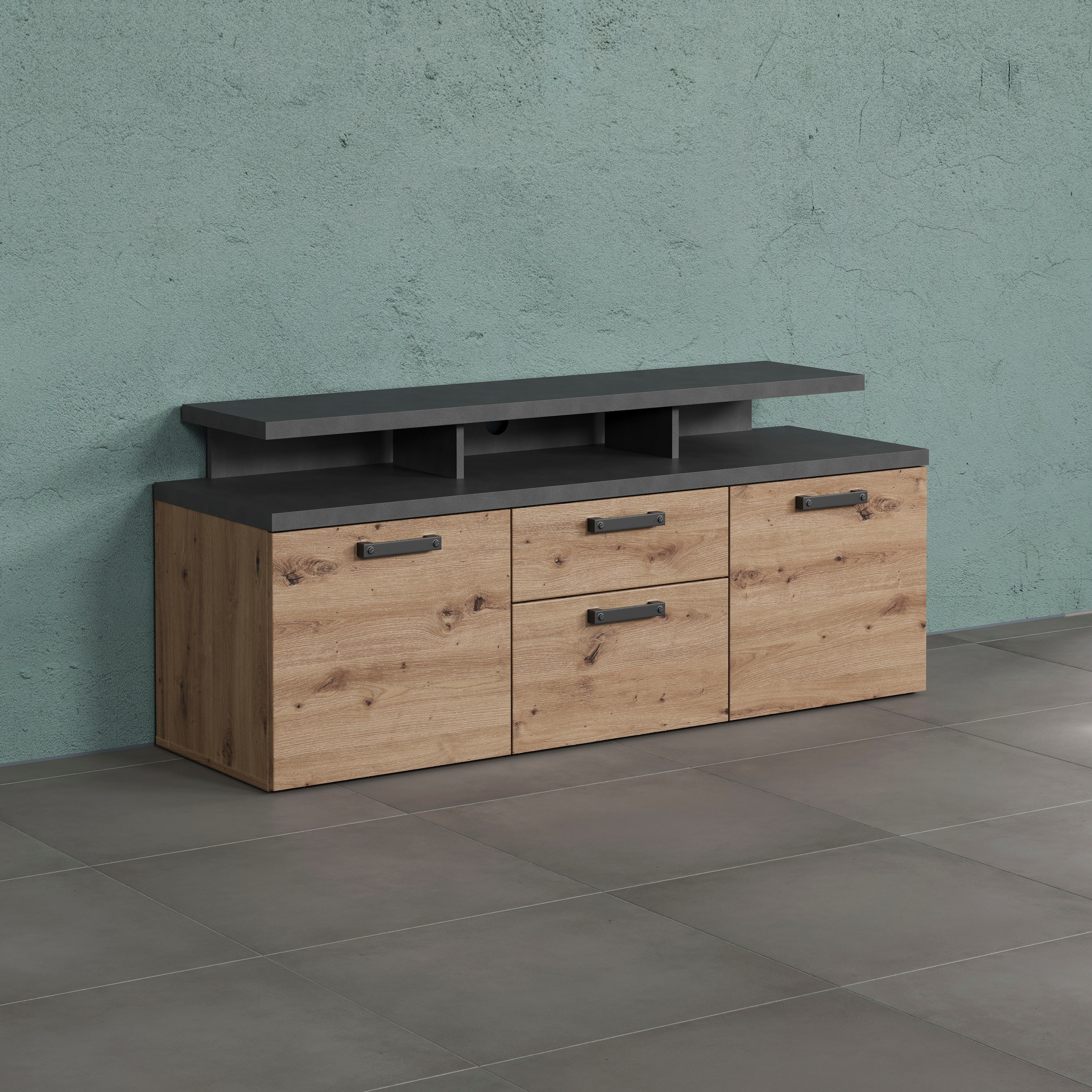 Home affaire TV-Schrank »Ambres« 1 Stk. tlg. Lowboard inklusive Aufsatz in Eiche/Grau - Mit Vollauszug-Funktion