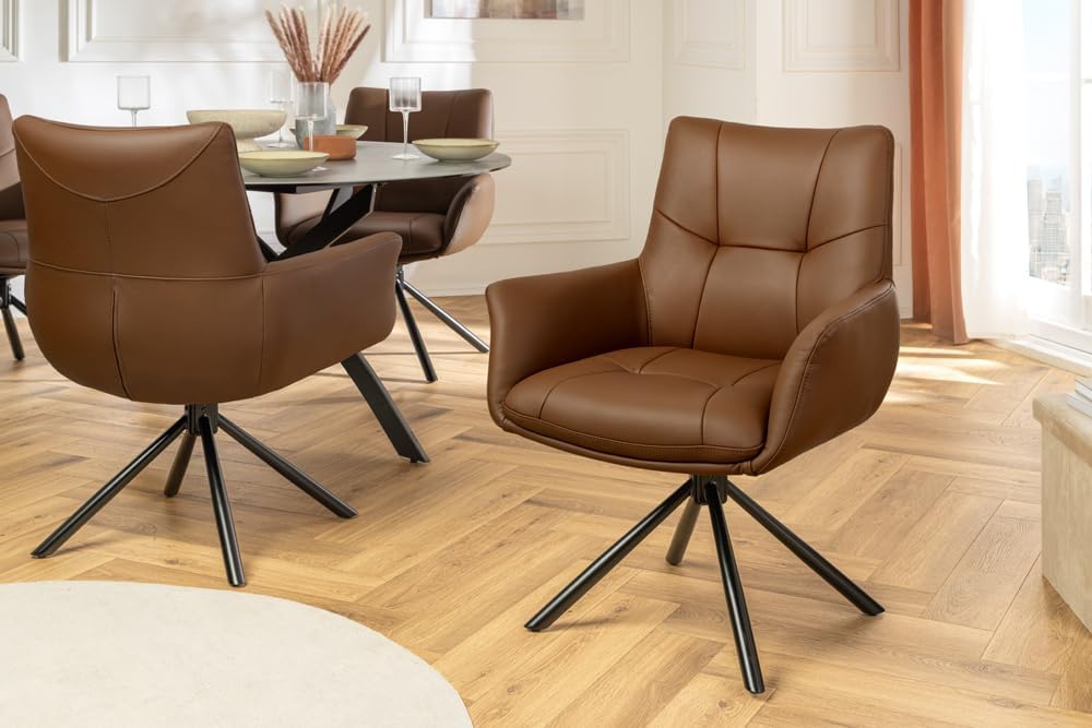 Riess Ambiente Drehbarer Design Stuhl Signature - Cognac - Echtleder 360° Armlehnstuhl mit Federkern schwarzes Metall modern