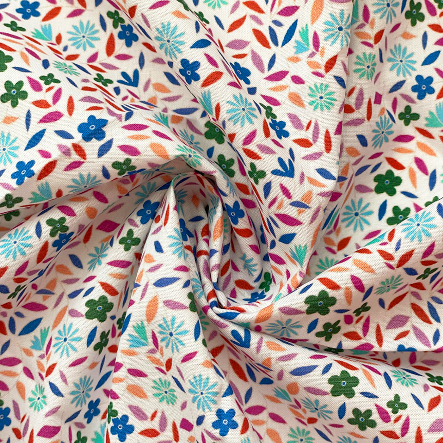 Tissu Coton Au Mètre Ex2445 Brindilles Fleuries Fond Blanc