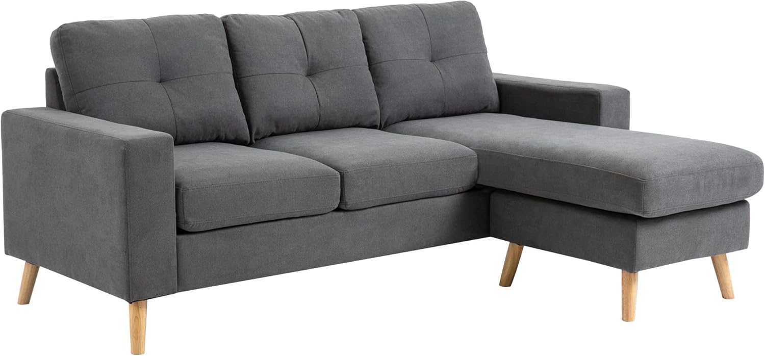 HOMCOM Ecksofa L-Form Sofa mit 3 Kissen, Eckcouch mit Knopfheftung, Leinenoptik, Veränderbare Chaiselounge Couch Wohnlandschaft für Wohnzimmer, Schlafzimmer 193 x 136 x 85 cm Dunkelgrau