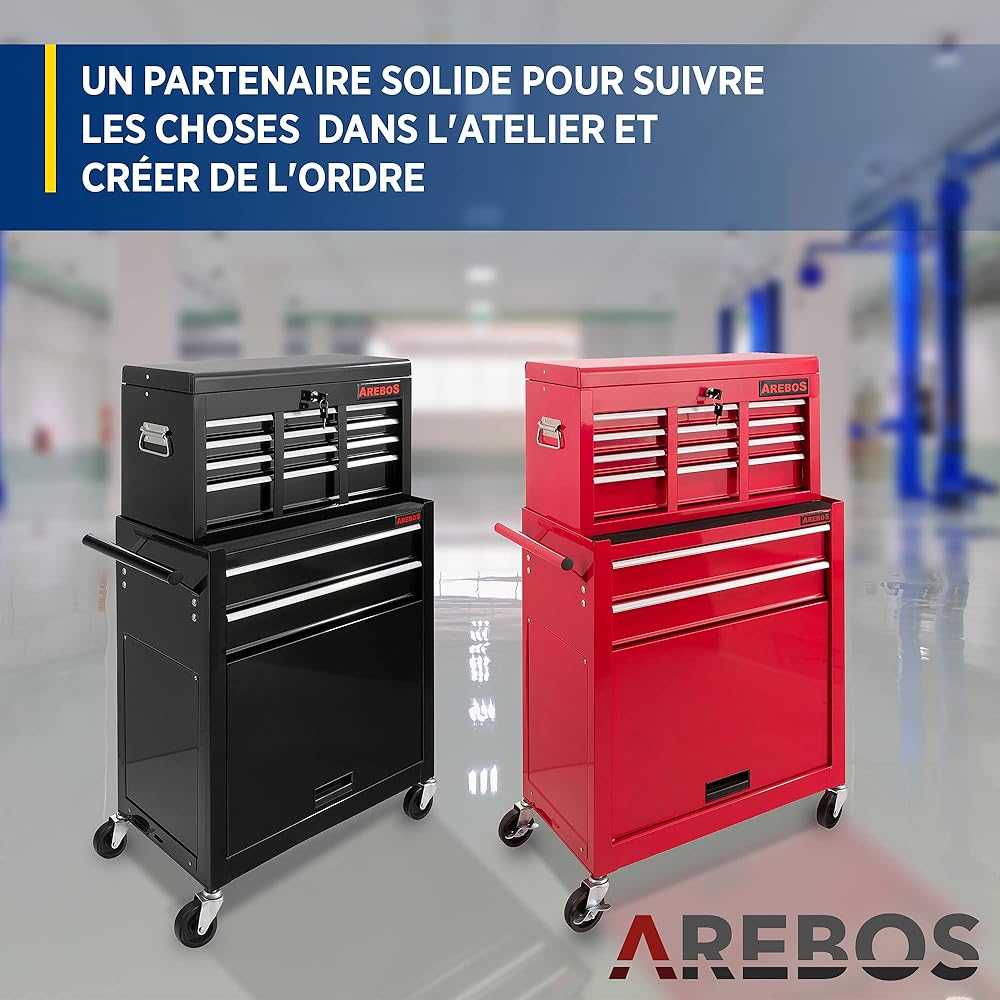 AREBOS Servante d'atelier à 9 tiroirs | Tapis antidérapants | Chariot avec Caisse à Outils Amovible | Verrouillable | sur roulement à Billes | Freins d'arrêt | Noir | 71x 67 x 37cm : Bricolage