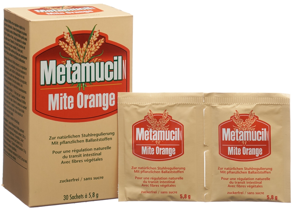 METAMUCIL N Mite 5.8 g<br>30 × 5.8 g, Beutel, Pulver zur Herstellung einer Lösung zum Einnehmen, orange