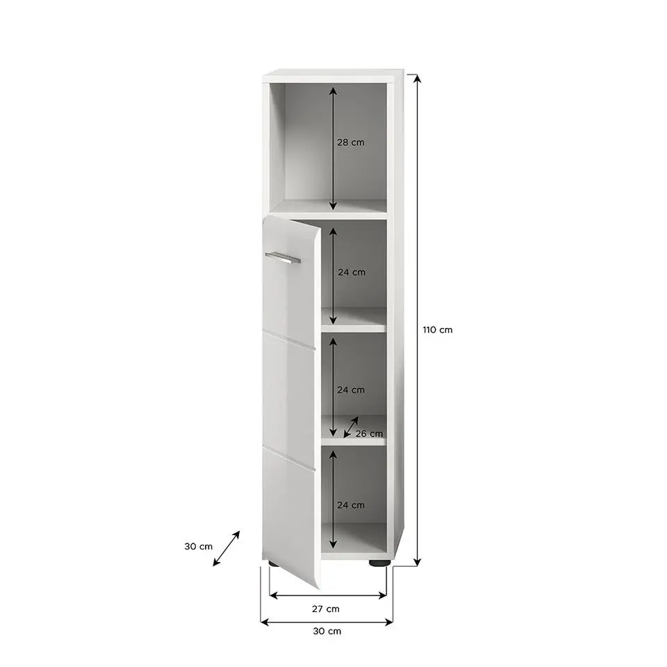 Hioshop Ice badkamerkast 1 deur 1 vak wit hoogglans