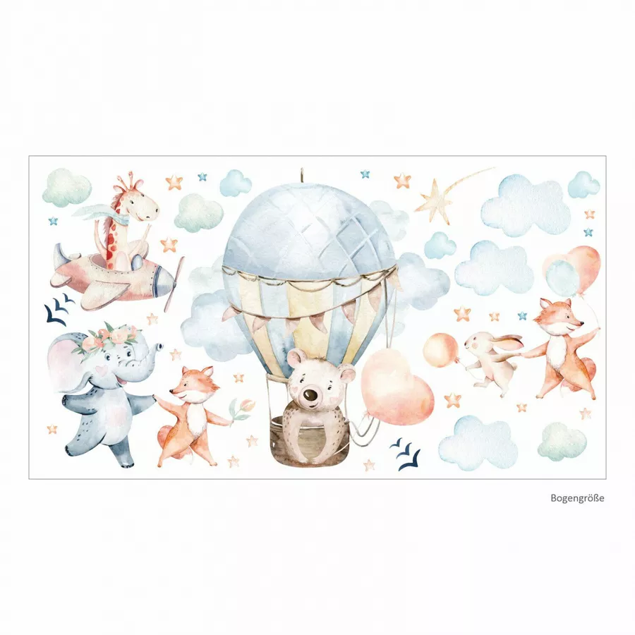 Nikima Wandtattoo 208 Ballon Aquarell Tiere Wolken Fuchs mit Ballon in 6 vers. Größen blau