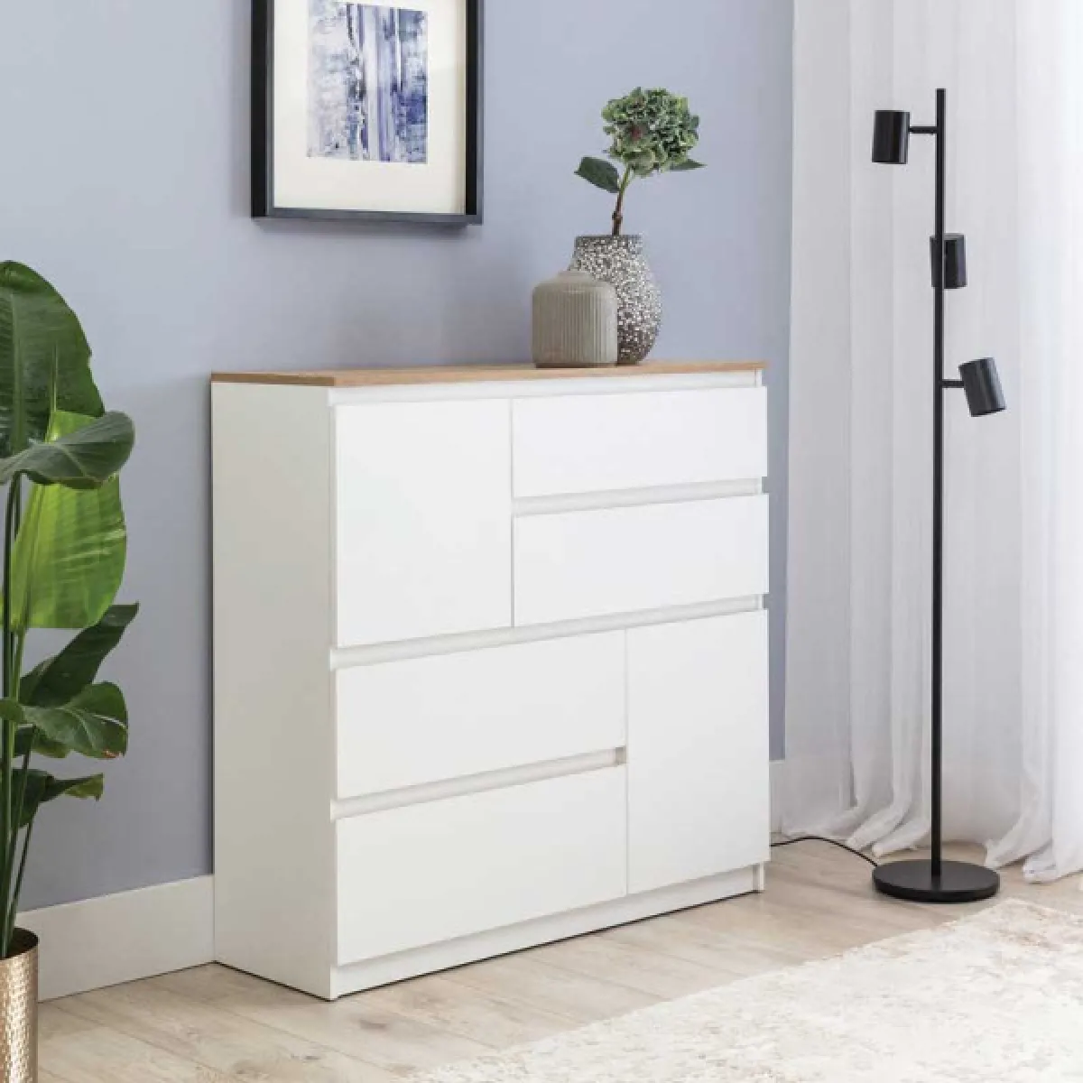 dansmamaison Commode 2 portes 4 tiroirs Blanc/Bois