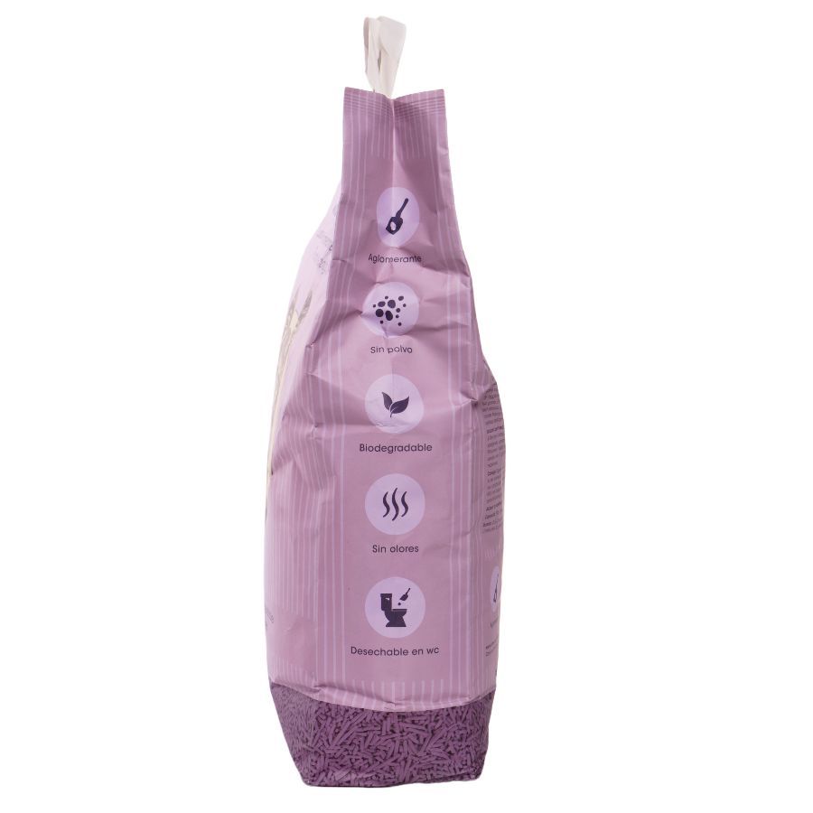 Areia higiênica de milho natural Wuapu Naturcorn com aroma de lavanda para gatos.
