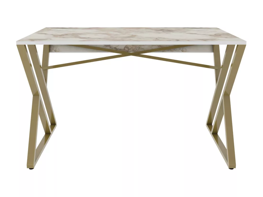 Bureau, Table de bureau, travavil avec le pieds et cadre en métal (Doré et Effet marbre blanc)