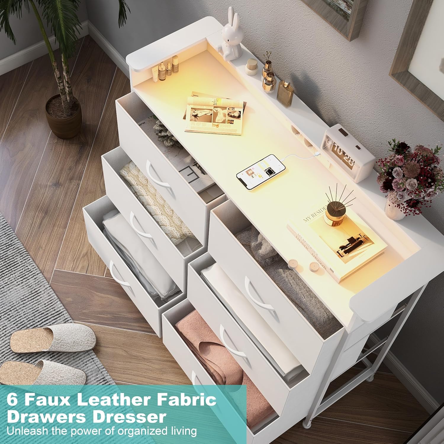 VEDECASA Kommode mit 6 Schubladen und LED-Beleuchtung Kommoden mit 2 USB-Ports & 2 AC-Steckdosen Aufbewahrungsturm mit Schrank für Schlafzimmer Wohnzimmer und Flur, Metallrahmen, Holzplatte