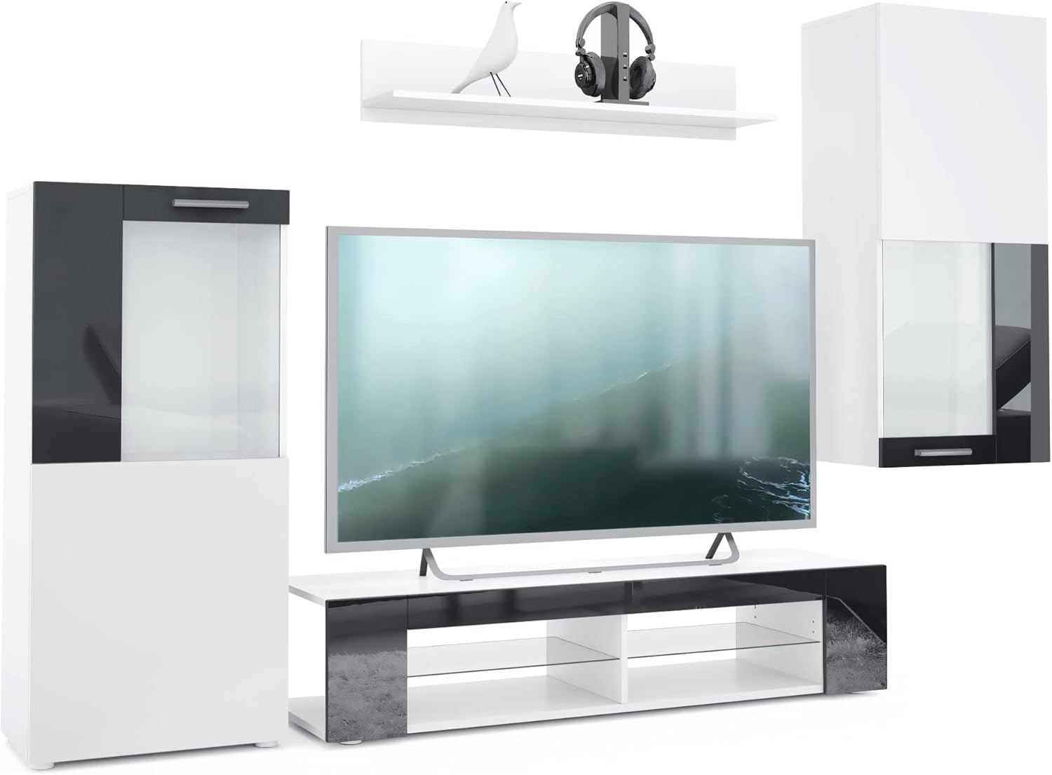 Vladon Wohnwand Movie, Anbauwand bestehend aus 1 TV-Board, 2 Vitrinen und 1 Regal, Weiß matt/Weiß matt/Schwarz Hochglanz (Gesamt: 300 x 190 x 39 cm)