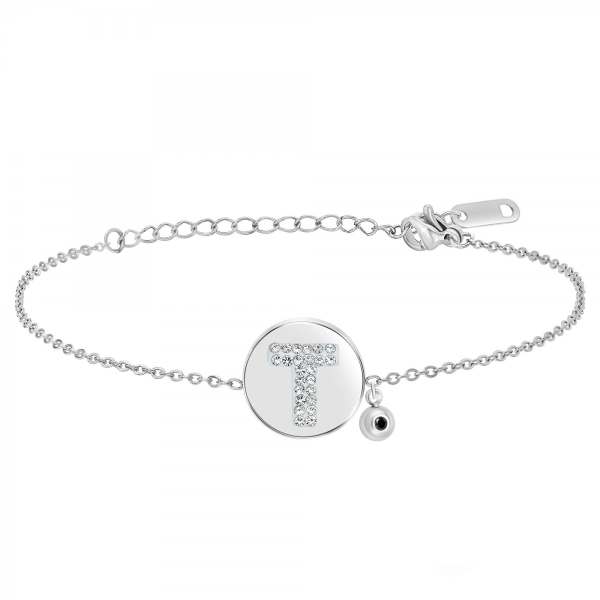 Bracelet alphabet lettre T SC Crystal orné d'un véritable diamant noir