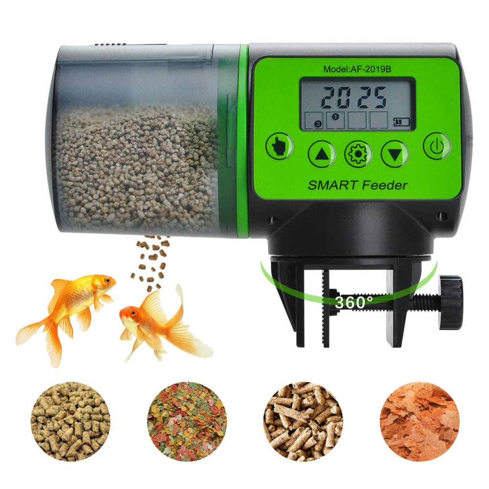(200ml) Automatischer Fischfutter Spender Futterautomat Fish-Feeder für Aquarium (Batteriebetrieben) - Schwarz / Grün