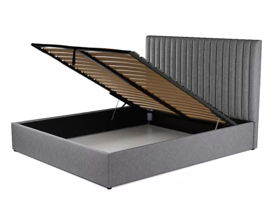 Lit coffre 180 x 200 cm avec tête de lit coutures verticales - Tissu - Gris - SARAH
