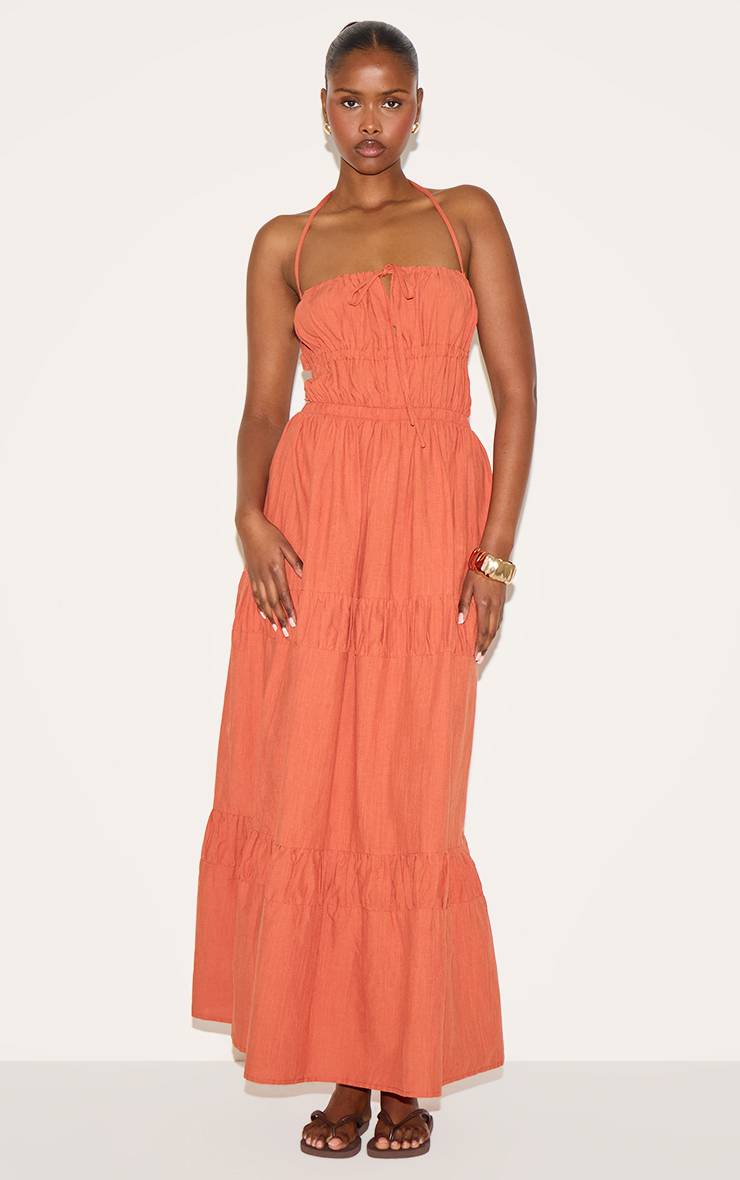 Rouille Robe Longue Froncée Dos Nu À Bretelles